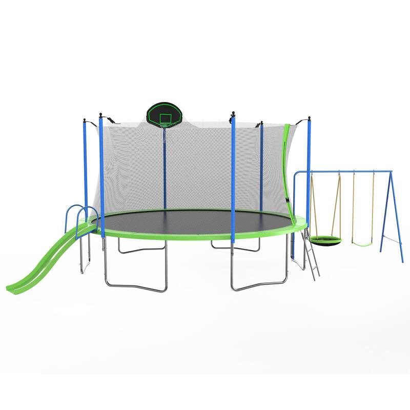 Trampoline with Slide and Swings with Basketball Hoop and Ladder with Net