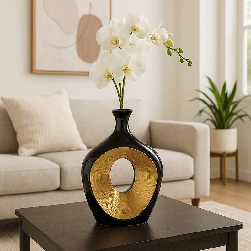 Modern Ceramic Textured Oval Cut-Out Vase - Home Decor - 13" - 13.25" - Black/ Gold