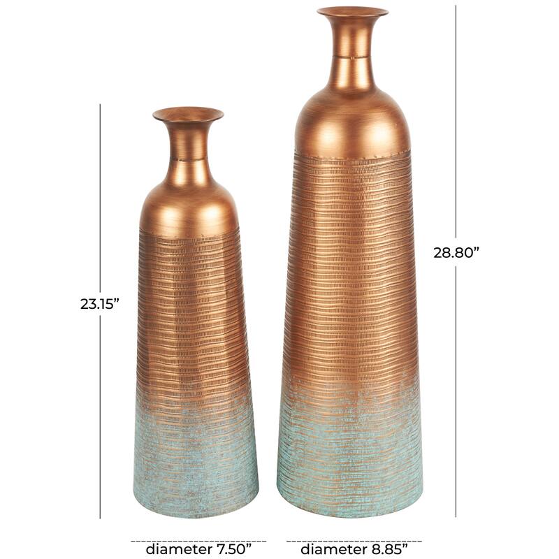 Metal Ribbed Textured Vase with Distressed Teal Accents - Set of 2 Copper - Roche River Decor - 9"W x 9"L x 29"H