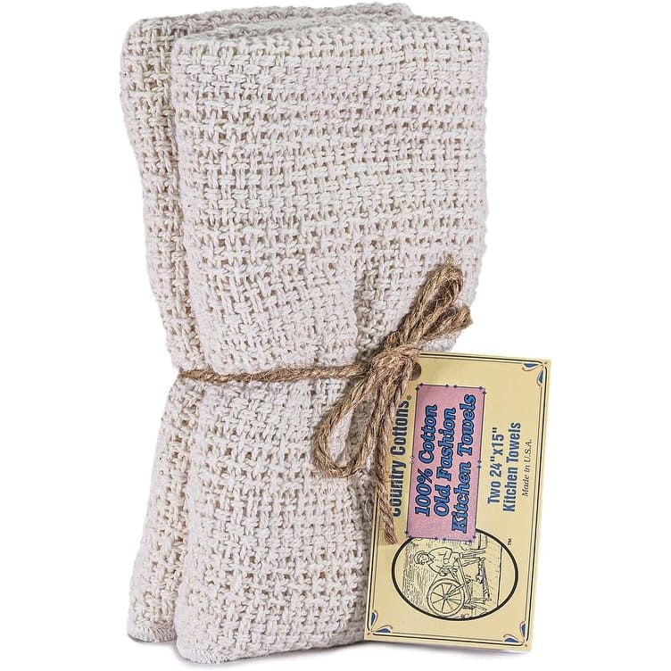 Country Cottons, Old Fashion 100% Cotton Made in The USA Highly Absorbent Kitchen Towels - Set of 2-24"x15" Various Colors - Natural