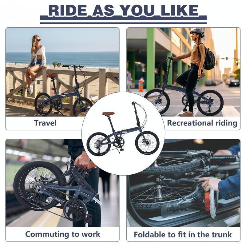 20"Lightweight Aluminum Frame,7-Speed Folding City Bike,Blue Gray