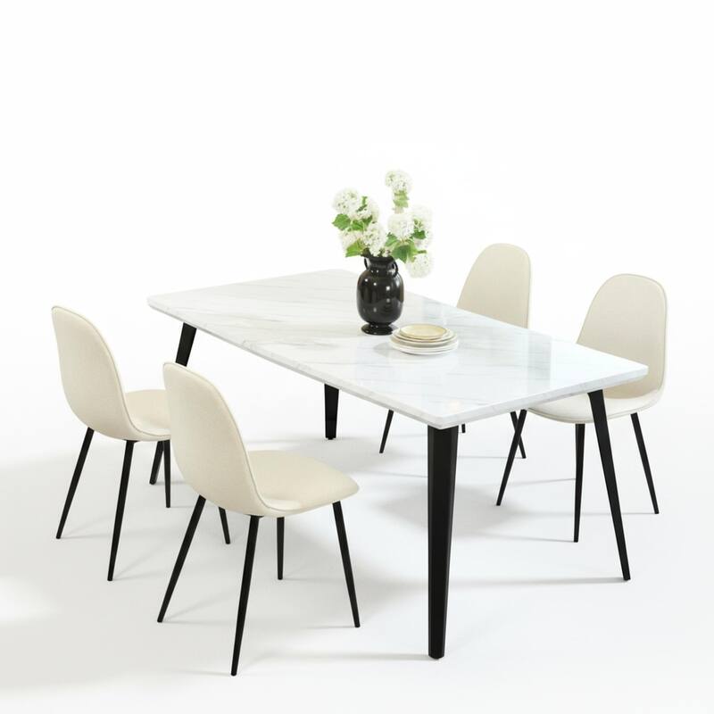Homy Casa 5-Piece Dining Room Set with Modern White Table and 4 Upholstered Side Chairs - Beige