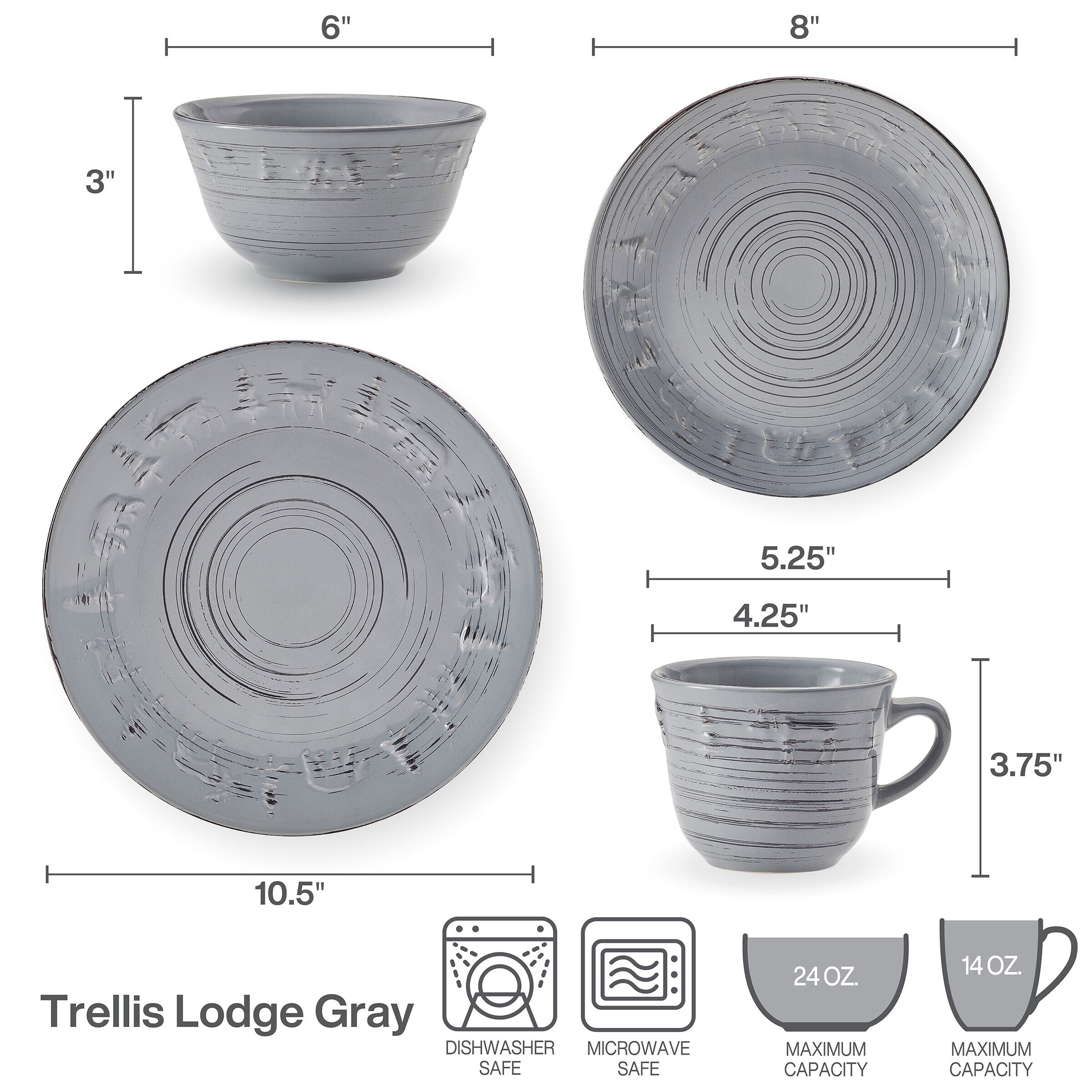 Pfaltzgraff Trellis Lodge 16PC Dinnerware Set Service for 4 Gray