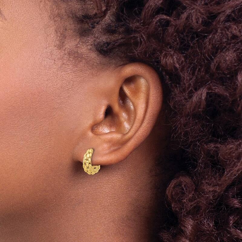 Curata 14k Yellow Gold Polished and Textured J hoop Post Earrings - 13x12.5mm