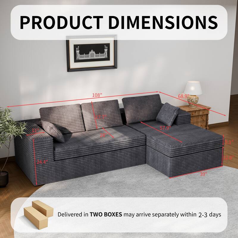 Modland 108”L-Shaped Modular Corduroy Couch with Deep Seats Comfy Sectional Sofa for Living Room