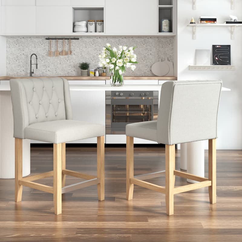 EROMMY Counter & Bar Stools Set of 2, Solid Wood Frame Upholstered Kitchen Stools - Iron Footrest