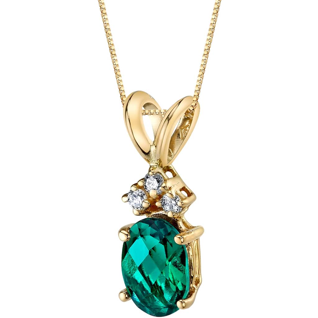 0.75 ct Oval Shape Created Emerald and Diamond Pendant in 14k Yellow Gold