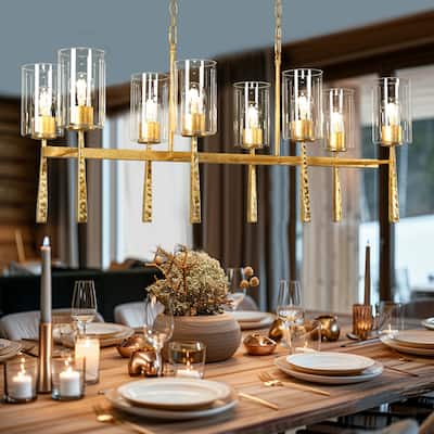 Midas Mid-century Modern 8-Light Vintage Linear Dining Room Chandelier with Cylinder Glass - 40.8"W x 14.6"D x 21-76"H
