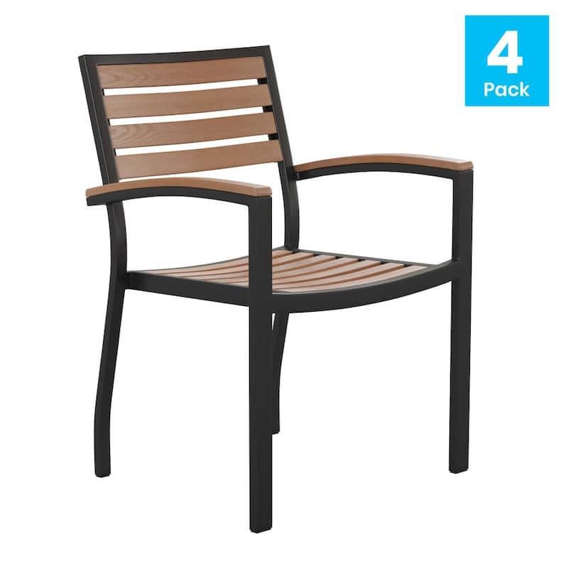 Set of 4 Stackable All-Weather Metal Patio Chairs with Faux Teak Slats