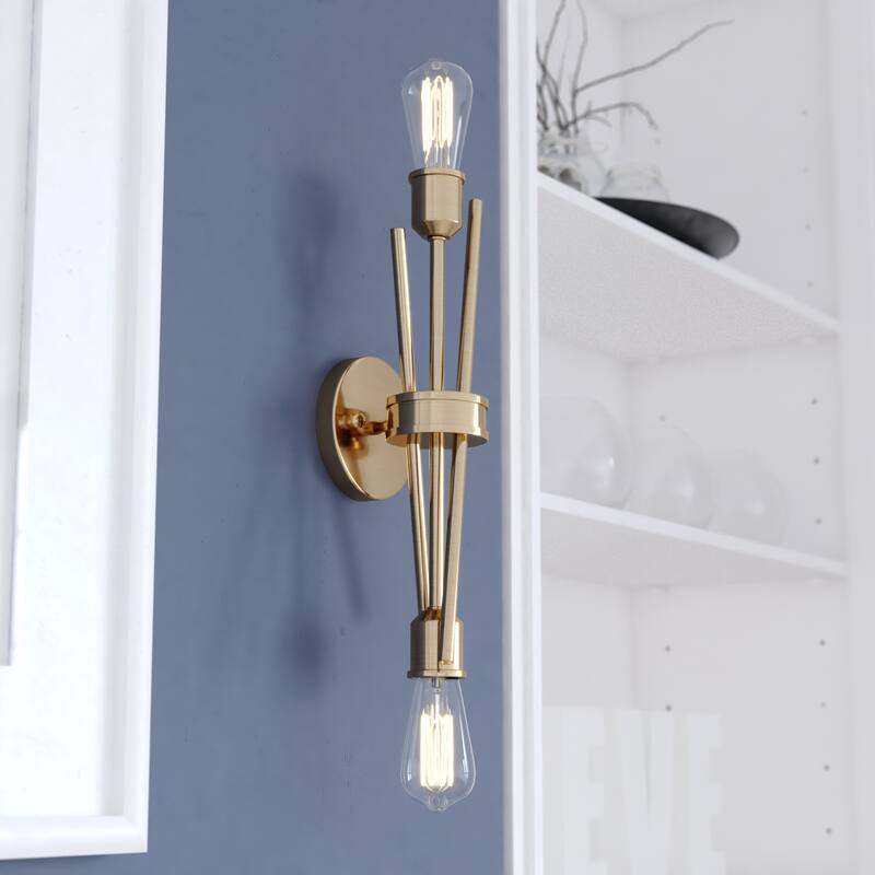 Estelle 2 Light Natural Brass Mid-Century Modern Reversible Wall Sconce - 4.75-in W x 16.75-in H x 5-in D - Natural Brass - 4.75-in W x 16.75-in H x 5-in D