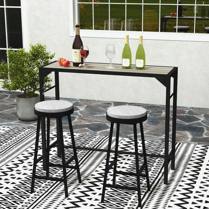 Outdoor Bar Height Table,Plastic Wood Grain Top,Built-In Bottle Opener - Light Brown
