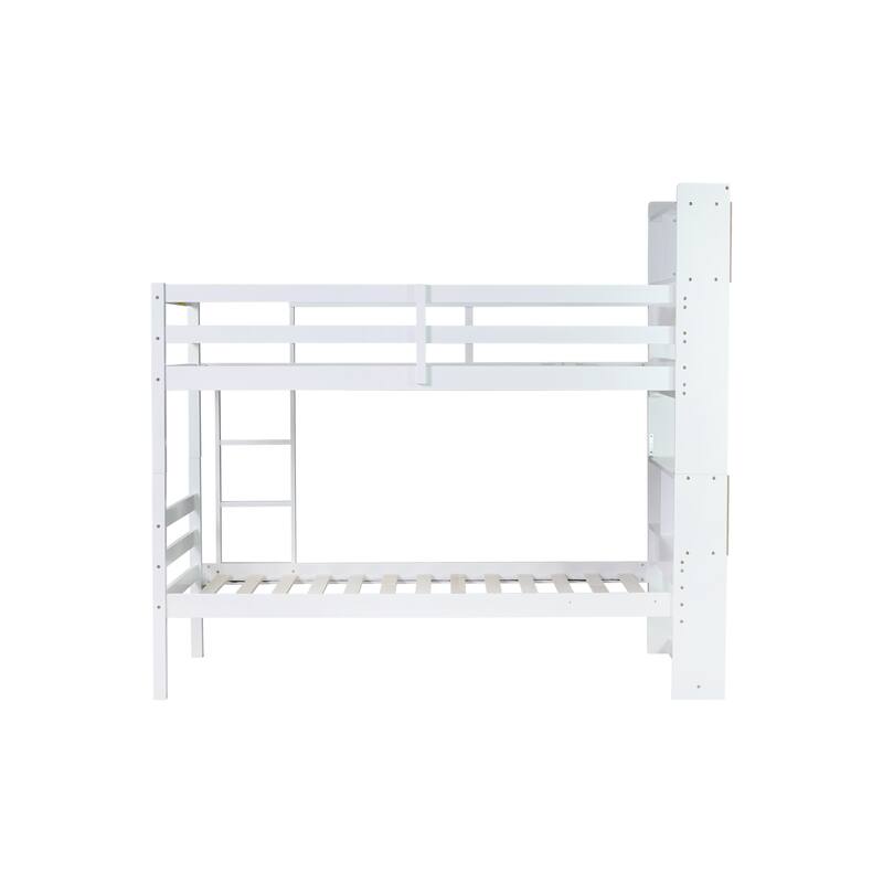 Convertible Twin Over Twin Bunk Bed with Shelves, Safety Guardrails, and Ladder, White