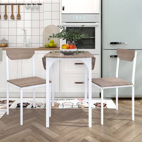 Modern 3-Piece Round Dining Table Set with Drop Leaf and 2 Chairs for Small Places,White Frame and Natural Finish