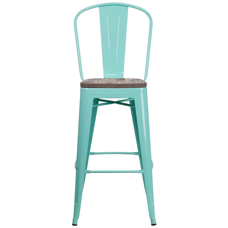 30" High Metal Barstool with Back and Wood Seat - 18"W x 19"D x 46"H - 18"W x 19"D x 46"H