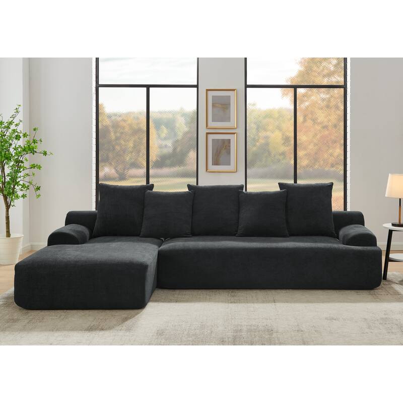 Modular L-Shaped Sectional Sofa with Chaise Lounge, Velvet Cloud Upholstered Floor Sofa, Compressed Sofa with Pillows聽 - Black