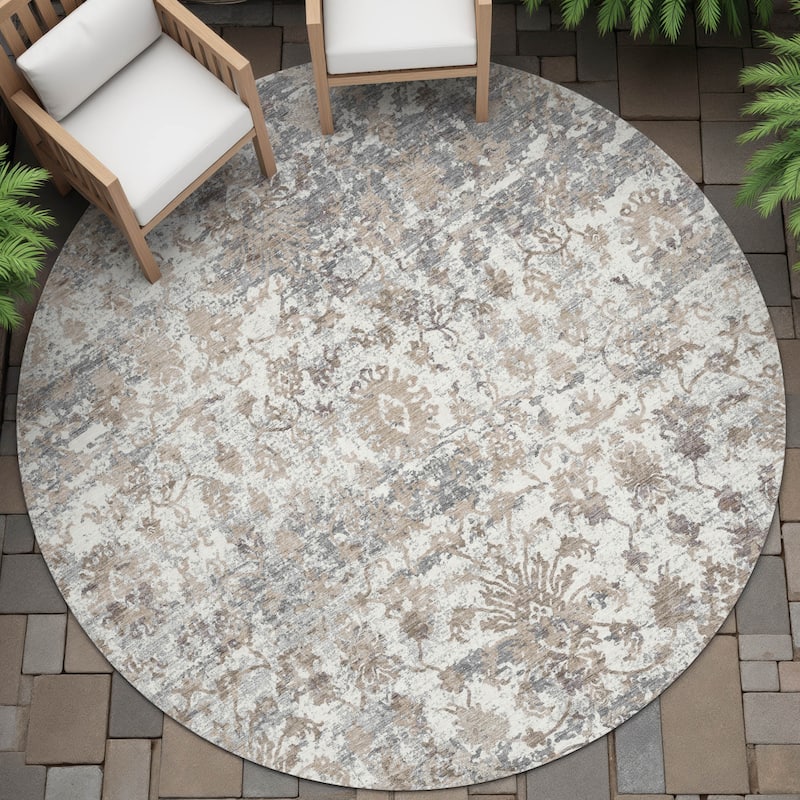 Machine Washable Indoor/Outdoor Vintage Traditional Chantille Rug - Taupe - 8' x 8'