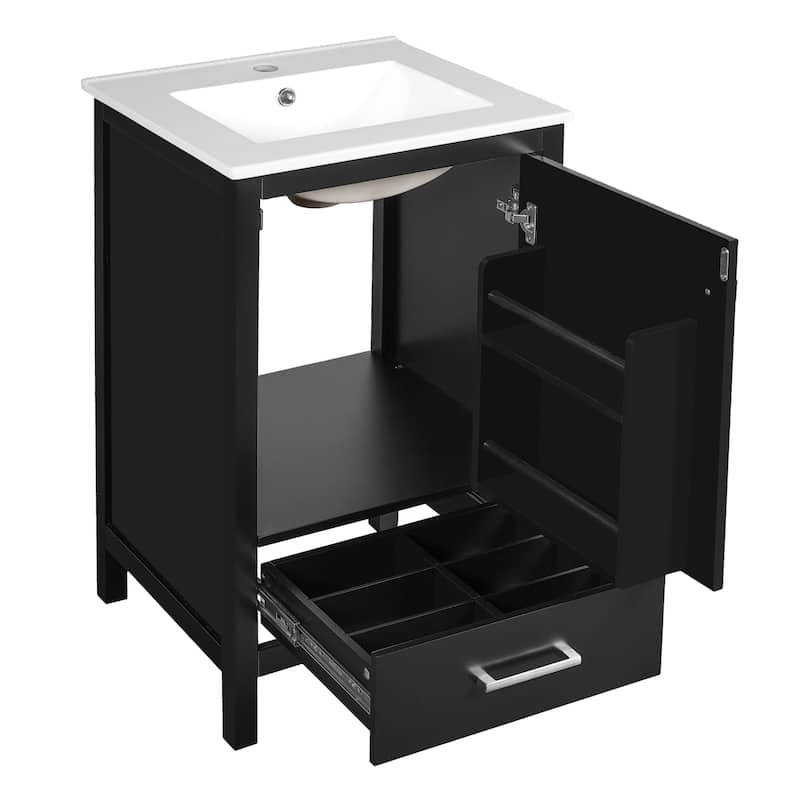 Roomfitters 20" Modern Bathroom Vanity with Ceramic Sink, Soft-Close Drawer and Door, Divider Drawer, Storage Rack
