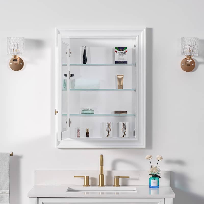 32''H Recessed Mount Solid Wood Framed Medicine Cabinet With Mirror and Shelves