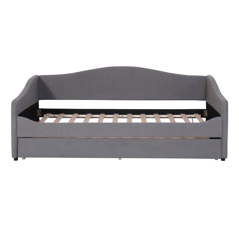 LED Daybed Frame Teddy Fleece Upholstered Sofabed, Wood Panel Bed with Pull-out Trundle Bed, Platform Bed Furniture