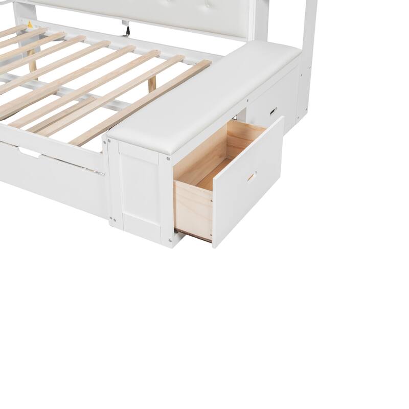 GDFStudio - Modern Wooden Full Size Daybed with Trundle, Bench Storage and Charging Station