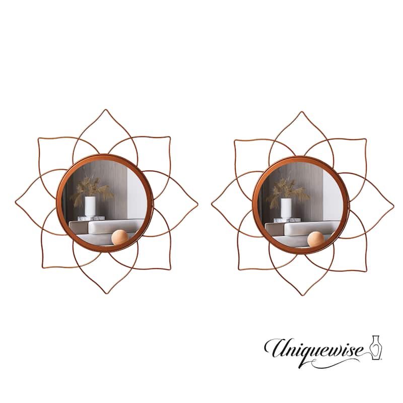 Uniquewise Decorative 12.25-inch Flower Shape Rose Gold Metal Frame Mirror - Perfect for Living Room, Bedroom, Bathroom Vanity - Pack of 2