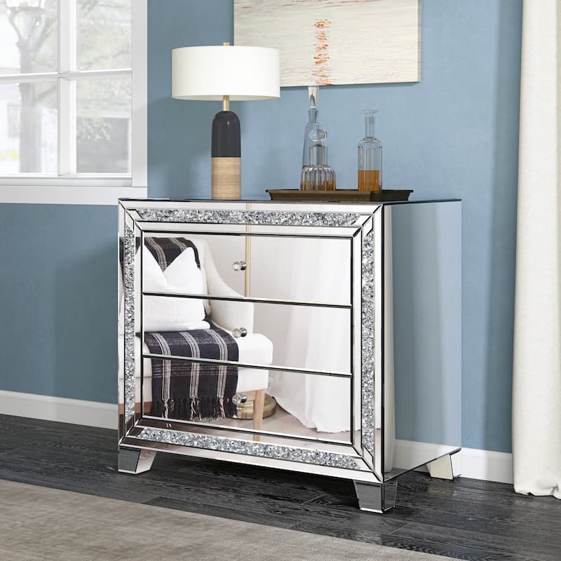 Glam Mirror Nightstand Bedside Table with 3 Drawer Chest - Diamond