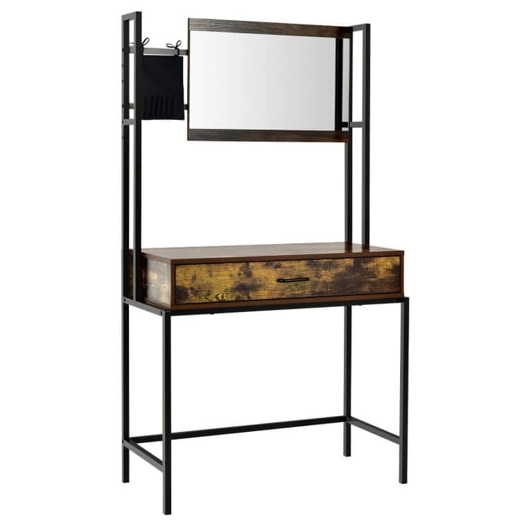Industrial Vanity Table with 3-Height Adjustable Mirror Bag-Brown - 33" x 16" x 59"(L x W x H) - Rustic Brown - Black