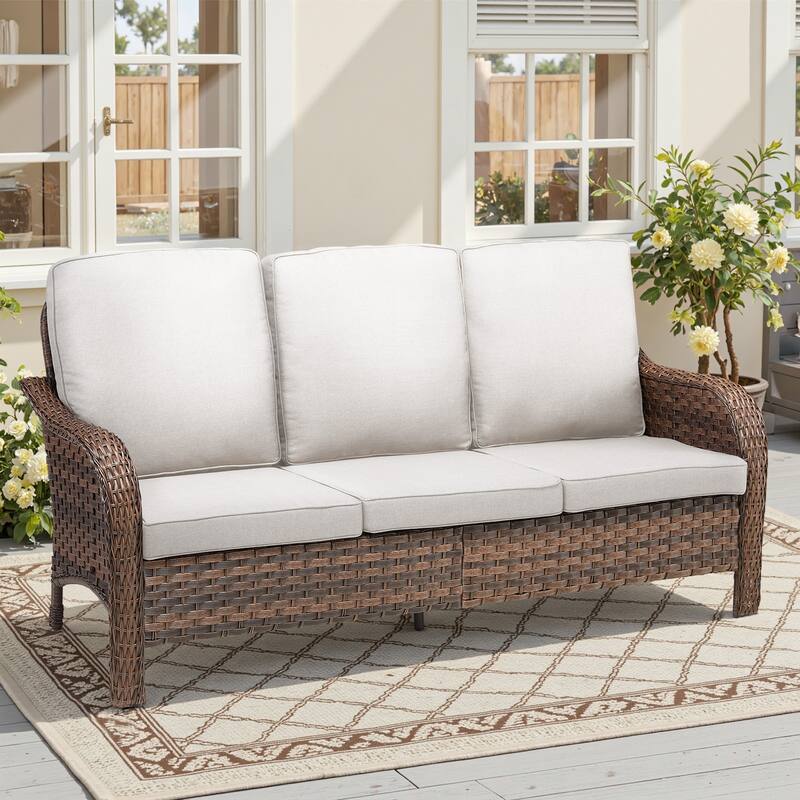 Cavira Brown Wicker Outdoor Patio 3-Seat Sofa with Olefin Cushions - Beige Cushions - Brown Wicker