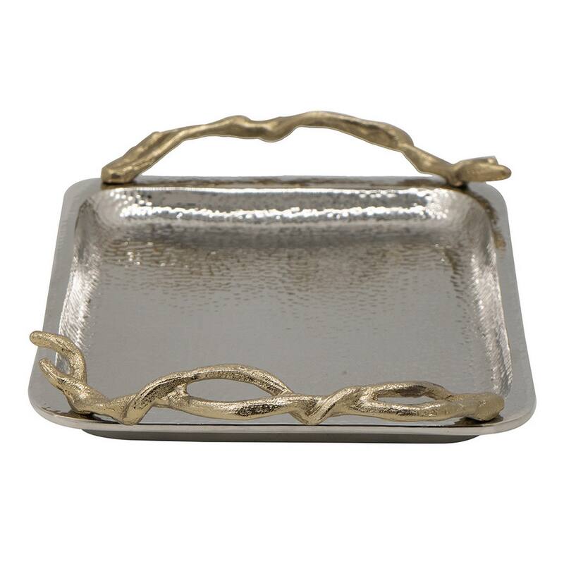 16 Inch Rectangular Decorative Tray, Branch Design Handles, Silver