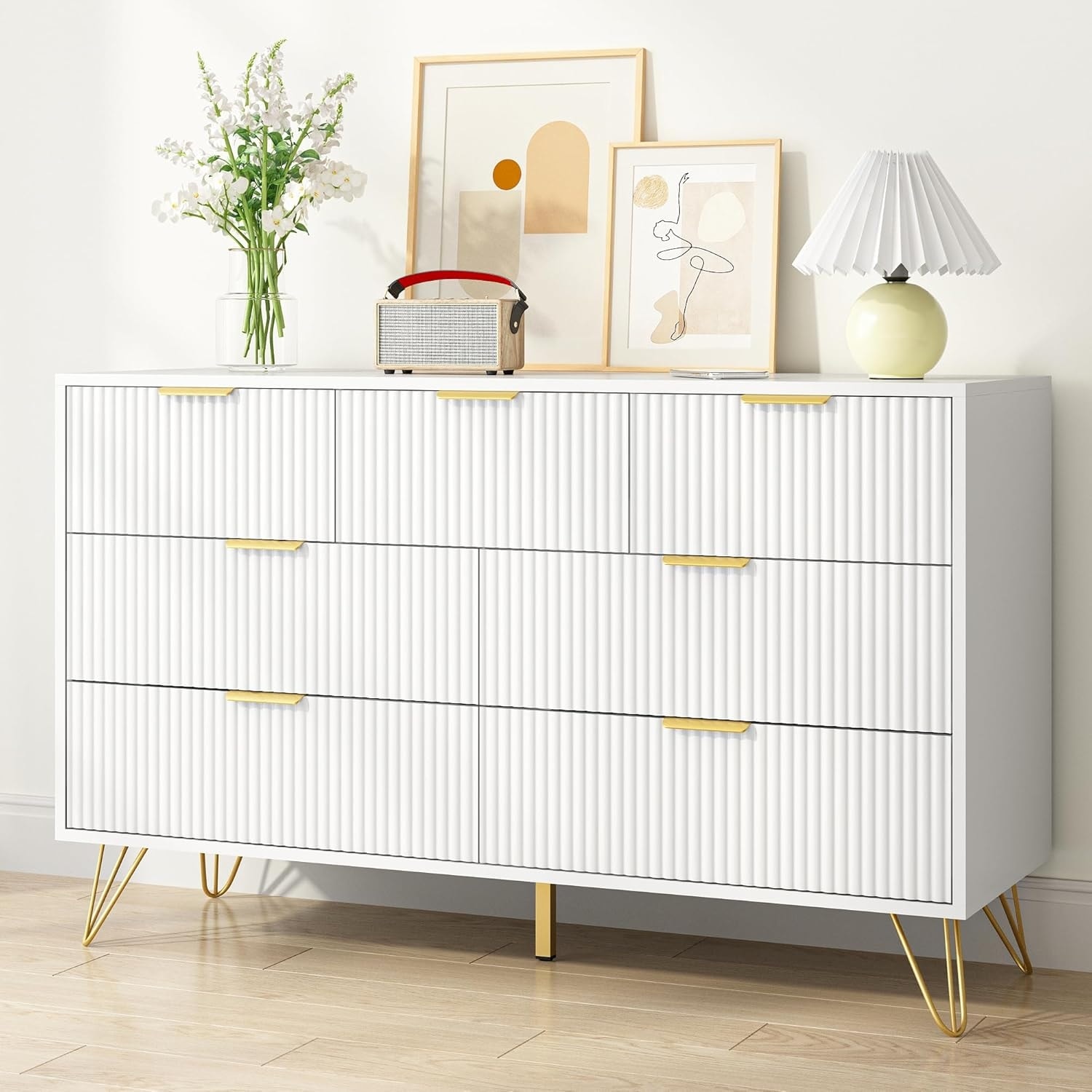 Modern 7-Drawer White Dresser with Golden Handles, Wooden Storage Chest for Bedroom, Living Room & Entryway