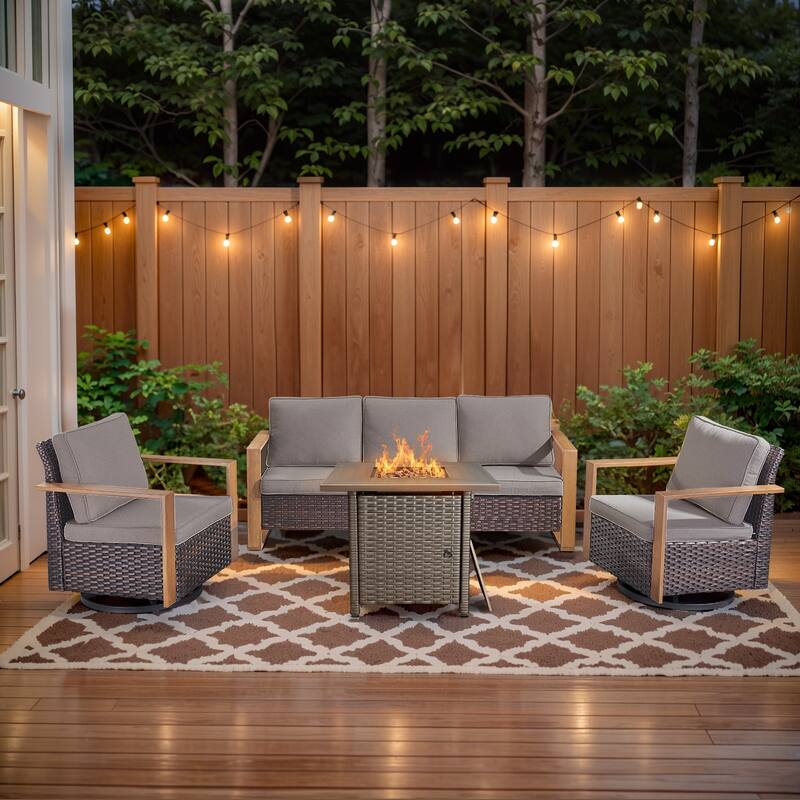 Pocassy 4/6/8PCS Sofa Swivel Chair with Fire Pit Table Set - Brown Wicker Gray Cushion - 4-Piece Sofa Swivel Chair with Fire Table