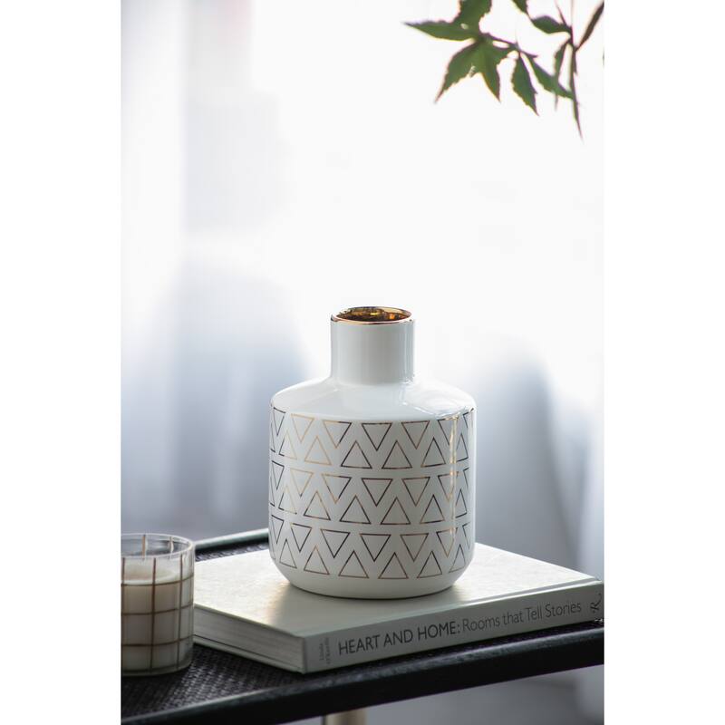 D5.9x7.9" Round Ceramic Vase with Geometric Pattern Gloss Finish Home Decor - White+Gold