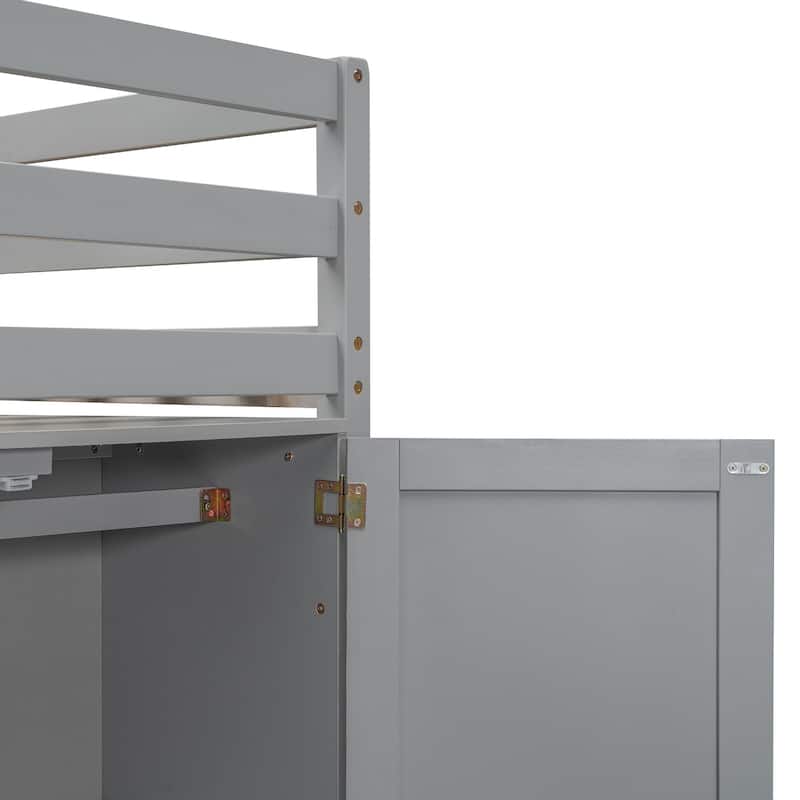 Wood Twin Size Loft Bed with Built-in Storage Wardrobe and 2 Windows w/Full-Length Guardrails, No Boxing Spring Needed