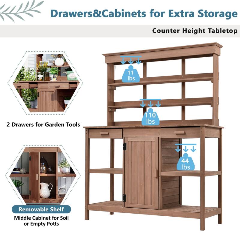 Outdoor Wooden Potting Bench Table, Garden Potting Bench with Cabinet, Patio Workstation with 4 Open Shelves and 2 Drawers
