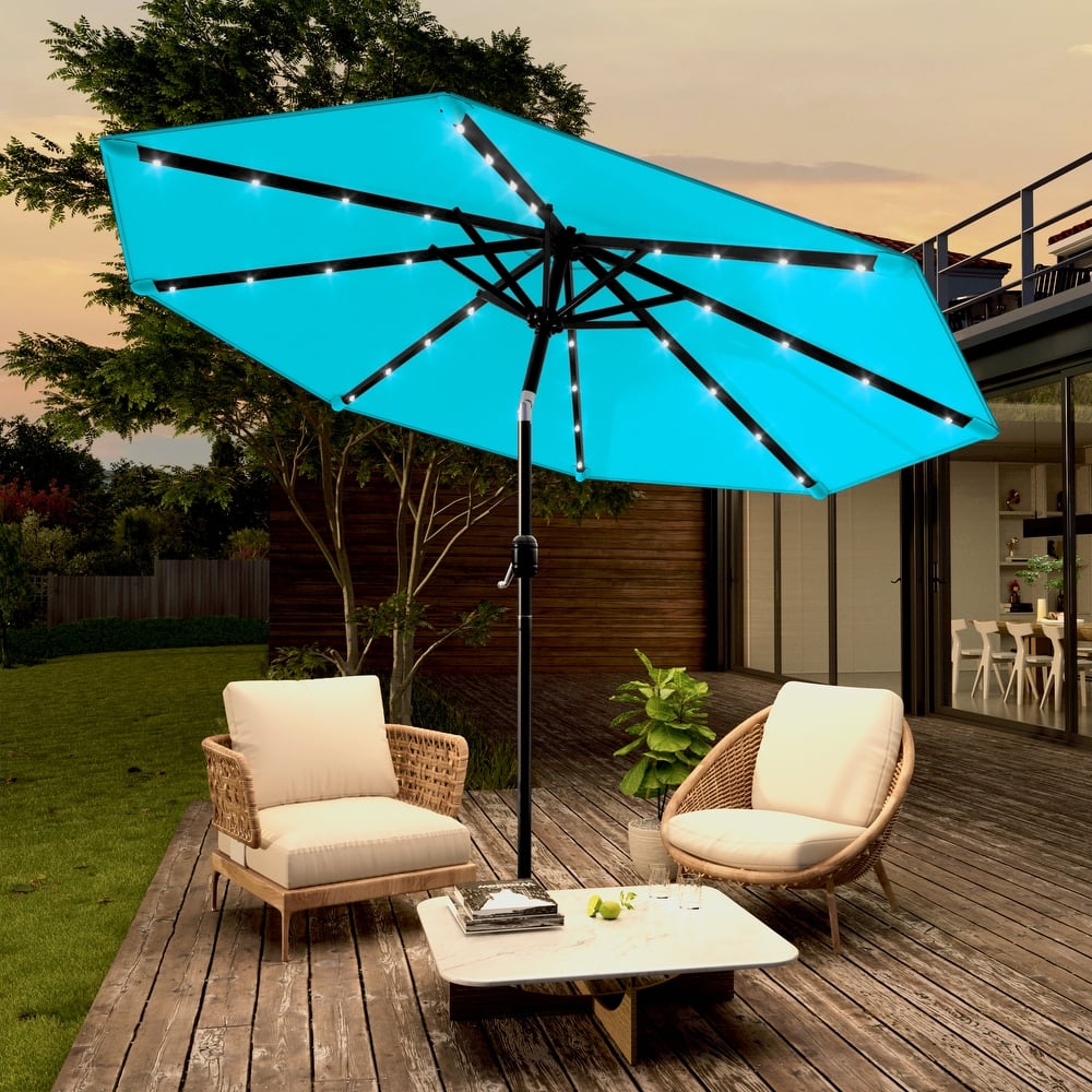 LIVOOSUN 9Ft Solar-powered Large Round Outdoor Patio Market Umbrella with Crank