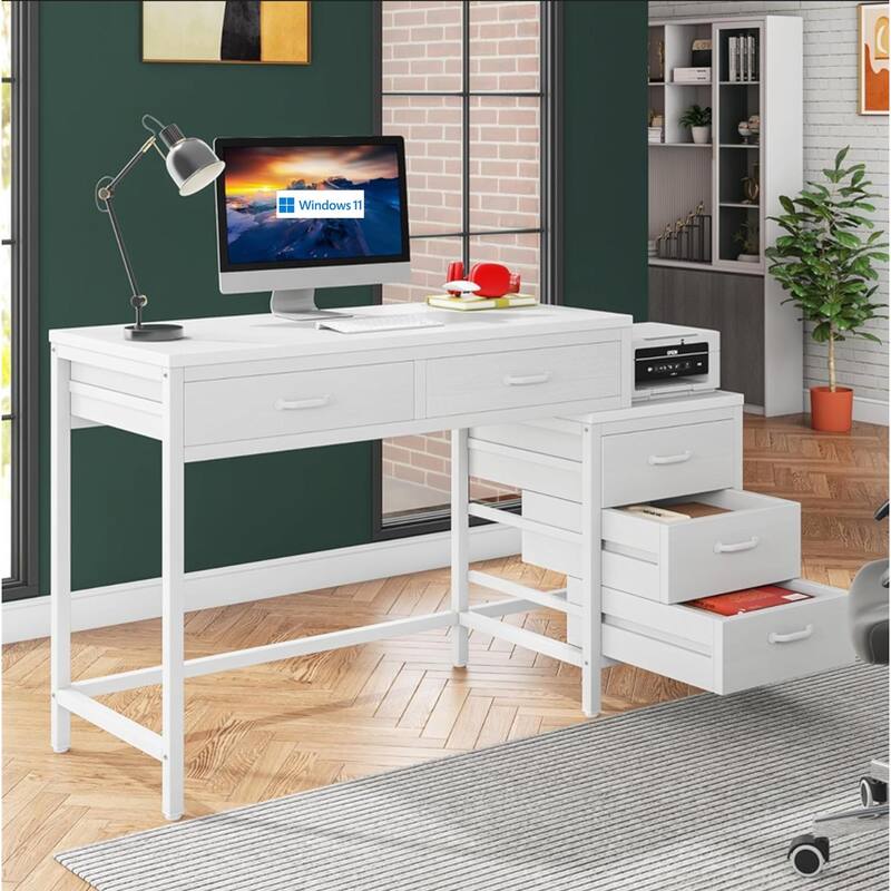 51" Reversible Computer Desk with 5 Drawers and File Cabinet, Office Desk with Printer Stand, Writing Table with Storage
