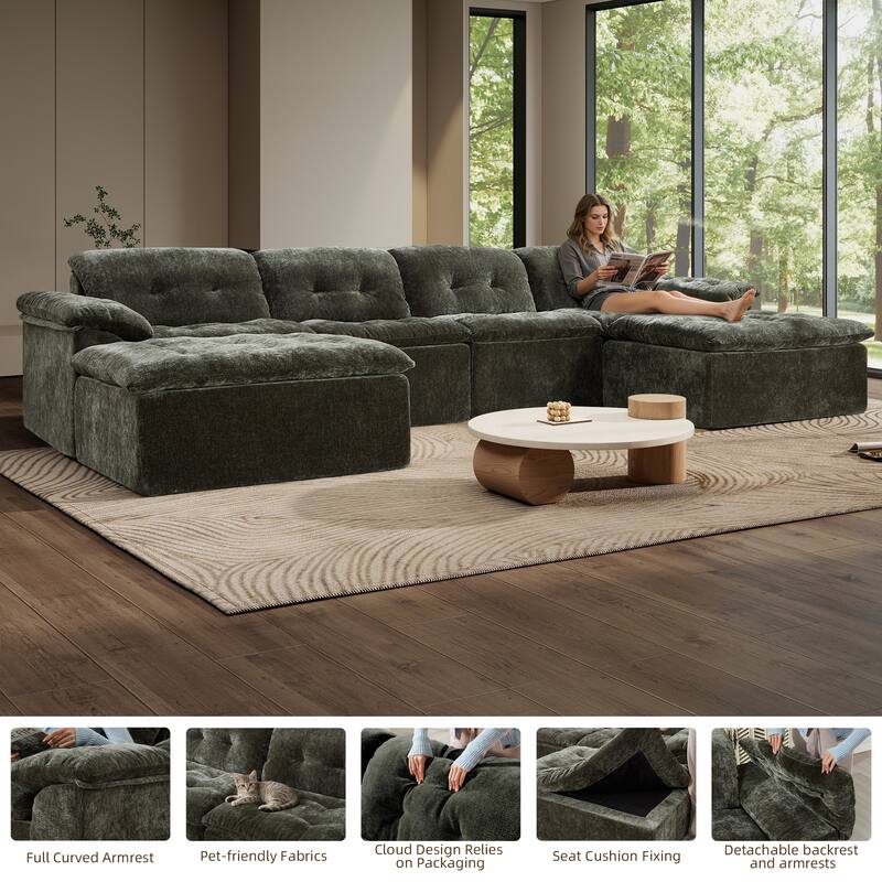 Rossetta 4-Seater Chenille Upholstery Modular Convertible Design Generous Seating Cushioned Sofa with 2 Versatile Ottomans