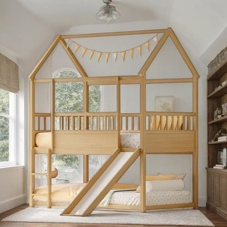 House Bunk Bed with Convertible Slide and Ladder, Twin Over Twin