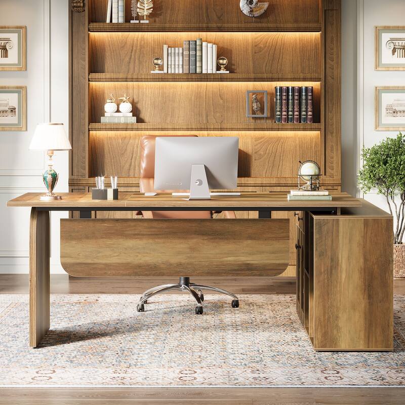L Shaped Desk, 71-Inch Executive Office Desk with File Cabinet