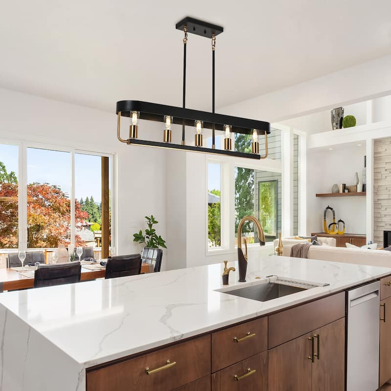 Modern Farmhouse 5-Light Island Chandelier Black Gold Lights for Kitchen Island - 35"L*W6.5"*H7.5"