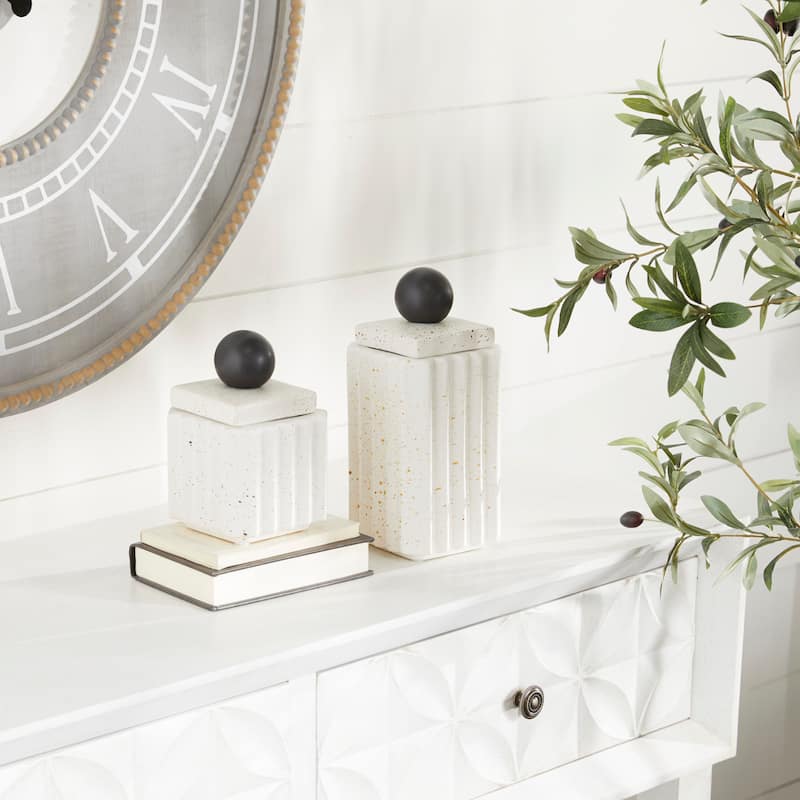 Ceramic Decorative Jars with Black Finial - Set of 2 White - Roche River Decor - 4"W x 4"L x 10"H