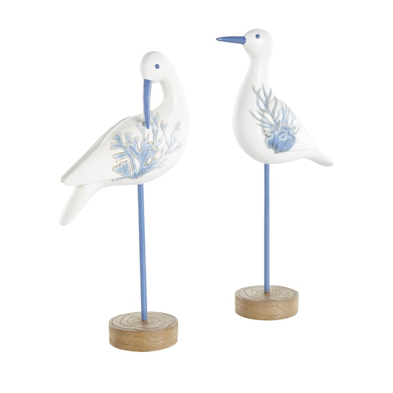 Polystone Bird Decorative Sculpture with Blue Coral Patterns and Wood Inspired Bases - Set of 2 White - Roche River Decor