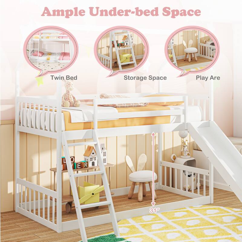 Gymax Twin Over Twin House Bunk Bed w/ Slide Solid Wood Low Bunk Bed