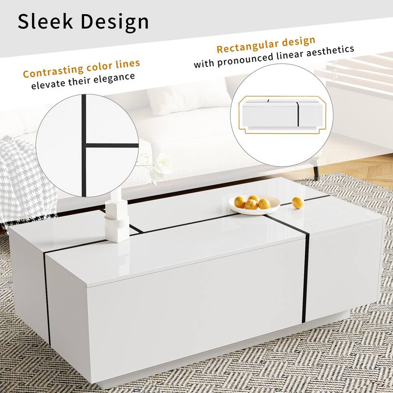 Extendable Rectangle Coffee Table, Tea Table for Living Room, Modern High-Gloss Center Table with Hidden Storage and 2 Drawers