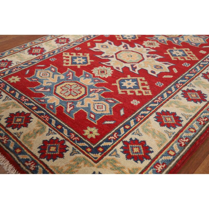 Red Kazak Accent Rug Hand-Knotted Geometric Wool Carpet - 2'10"x 4'2"