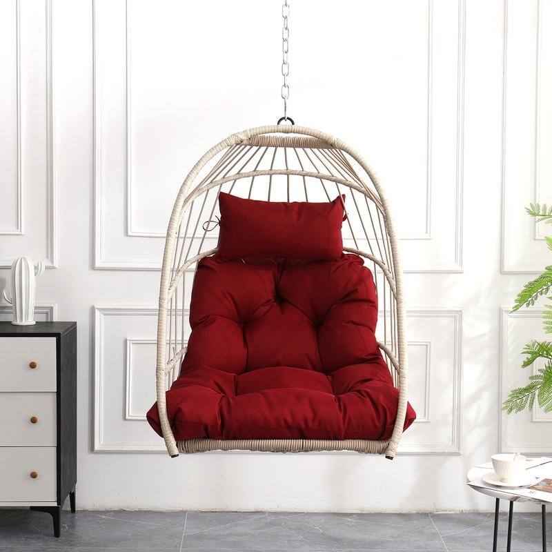 Rattan Egg Swing Chair – PE Wicker Hanging Chair For Garden, Patio & Outdoor Relaxation - 28.34in. W X40.50in.DX22.00in. H - Red