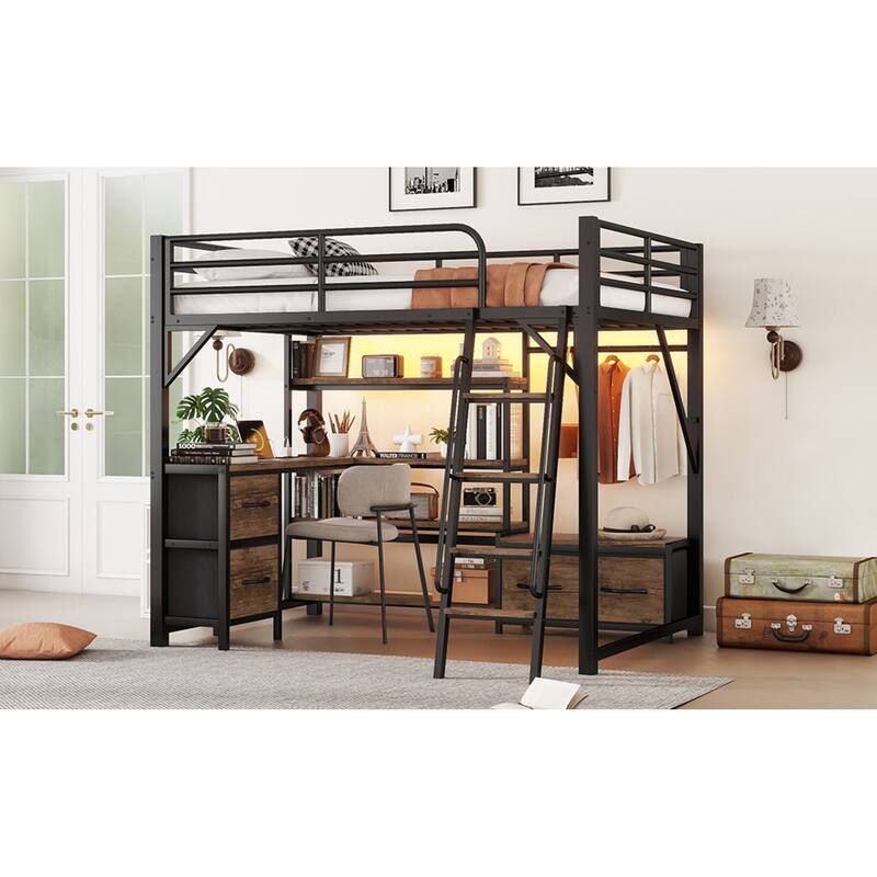 Roomfitters Full/Queen Loft Platform Bed, LED Charging Desk and Wardrobe Shelves with Metal Frame for Bedroom or Guest Room