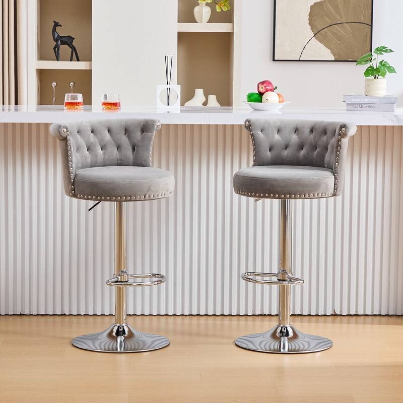 Set of 2, Adjustable Swivel Velvet Bar Stools with Silver Plated Metal Leg
