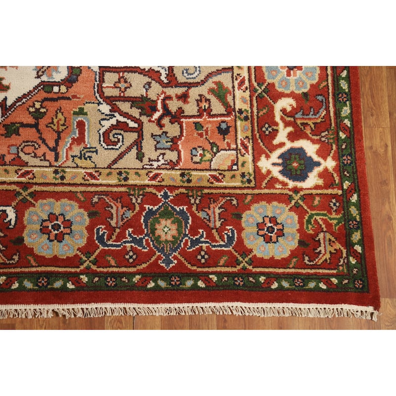 Hand Knotted Oriental 100% Wool Carpet Traditional Medallion Beige & Ivories Heriz (serapi) Area Rug - 11' 9'' X 8' 6''