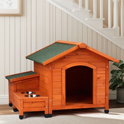 Durable Wooden Dog House for Outdoors & Indoors with Food Bowl and Storage Bucket